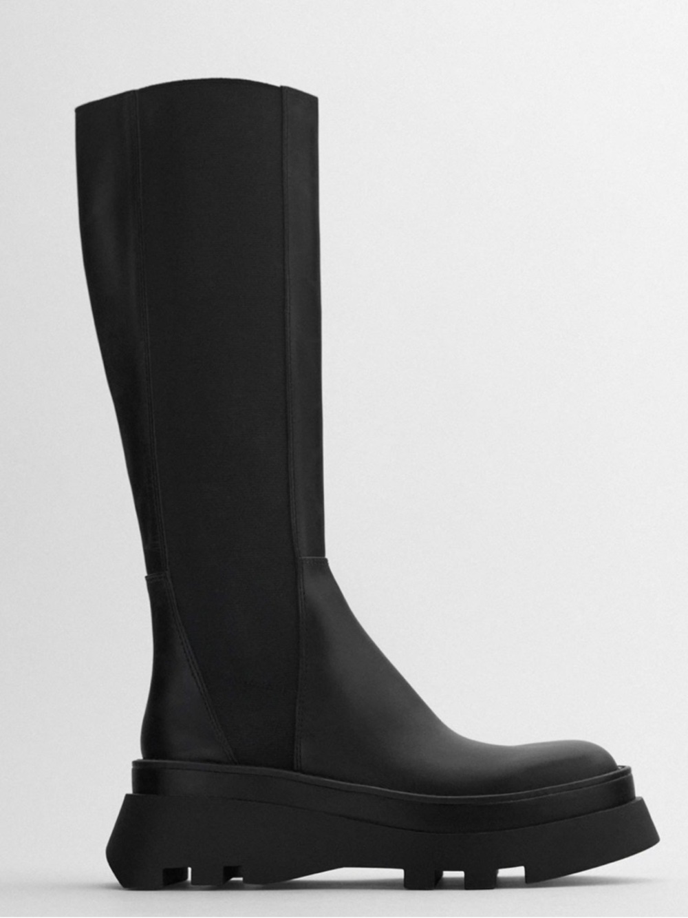 ZARA black leather tall boots track sole 38/7,5 biker rare - Picture 2 of 12